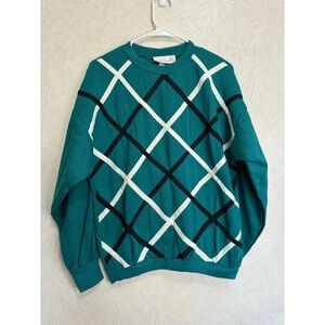 VINTAGE Women Green Blue Argyle Crew Neck Pullover Sweater Holiday Casual Medium